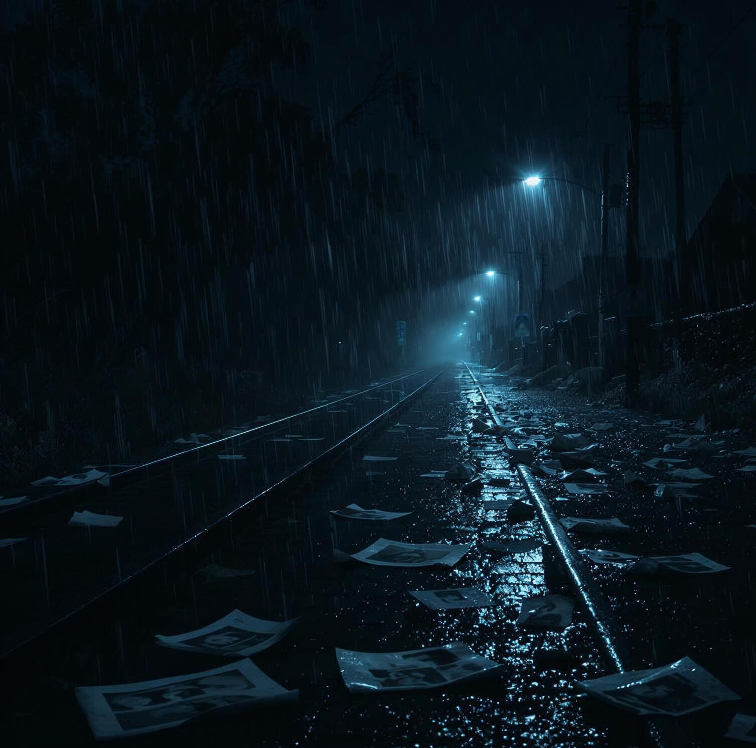 Himmelsmoor – Verlassene Straße im Winter 1979 Nächtliche Straße in Himmelsmoor, Regen spiegelt blaues Licht, Zeitungen auf den Schienen, Winter 1979